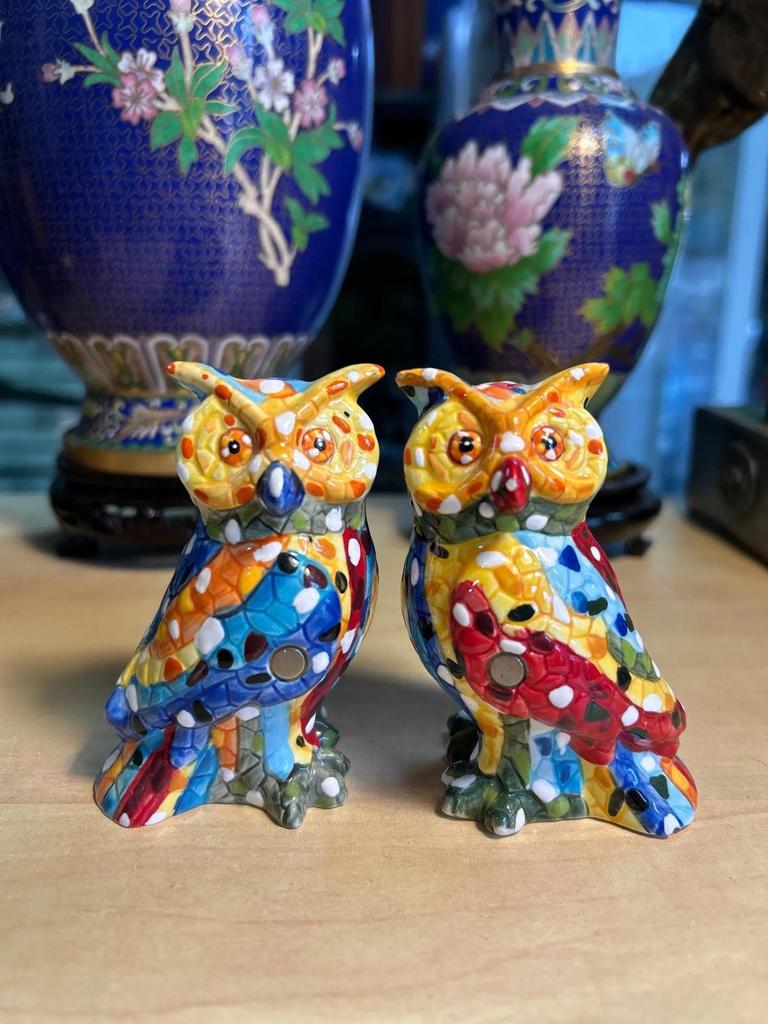 Statuettes sculpté couple Chouette / Hibou en céramique salière et poivrière