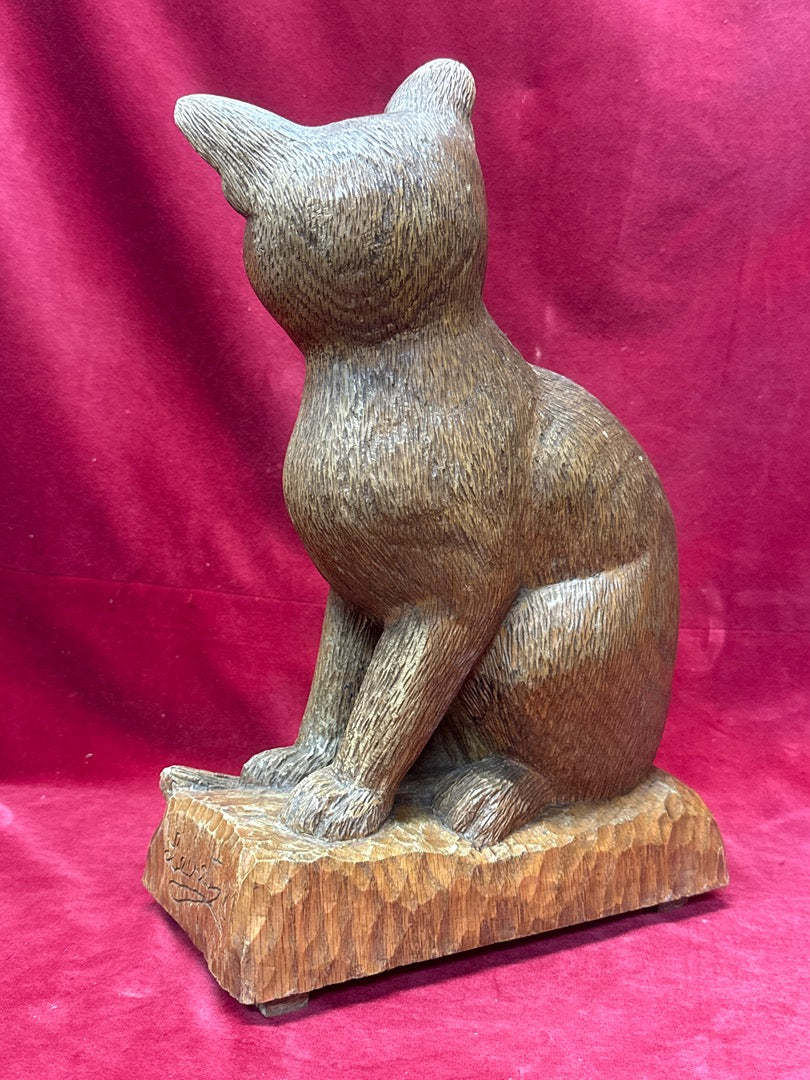 Statue chat en bois sculpté vintage signé Lechat