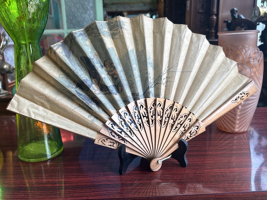 Éventail ancien en bois peint – Ornements – Décoration vintage