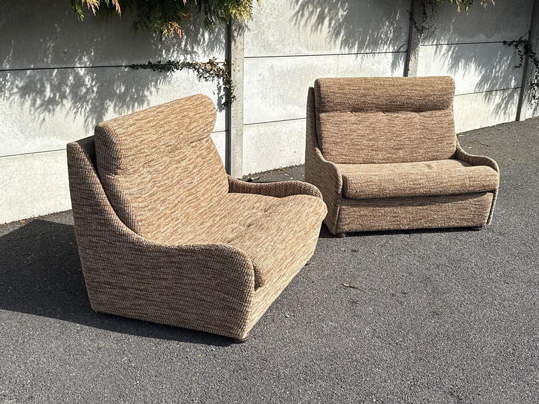 Fauteuils convertibles vintage – Tissu beige et marron