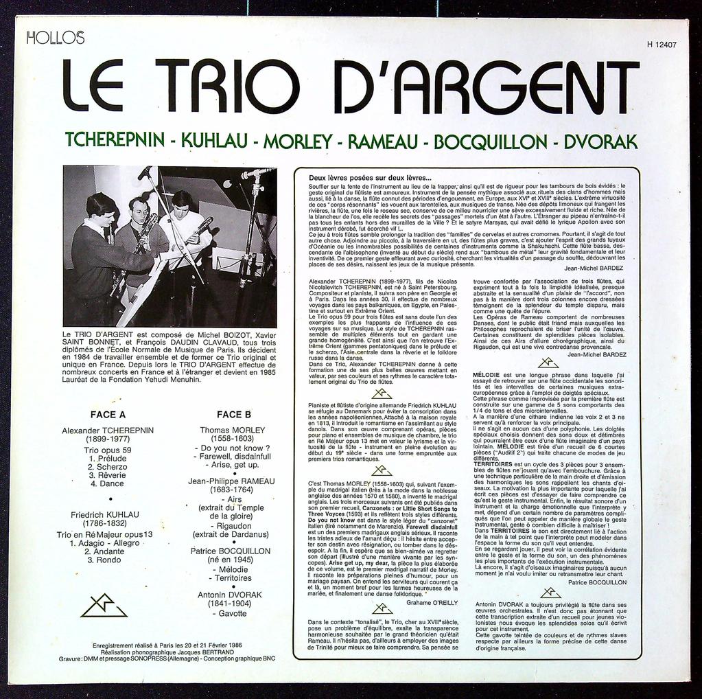 Disque vinyle – Le Trio d’argent – Musique classique – Flûte traversière