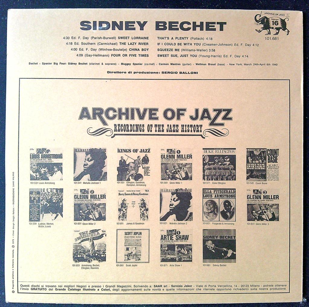 Vinyle Sidney Bechet - Archive of Jazz Vol. 16