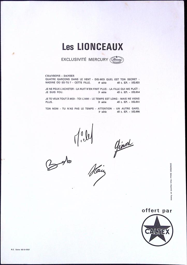 Photo dédicacée – Les Lionceaux – Musique – Vintage Caltex