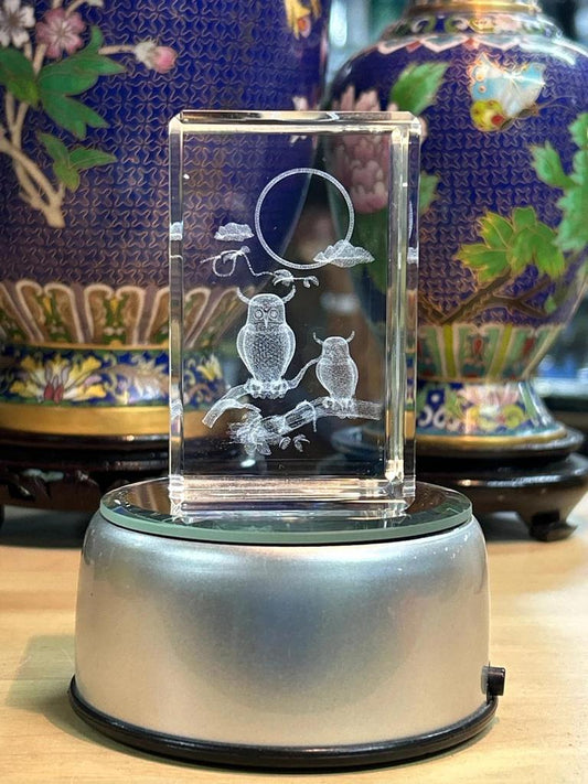 Bloc de verre lumineux représentant des hiboux