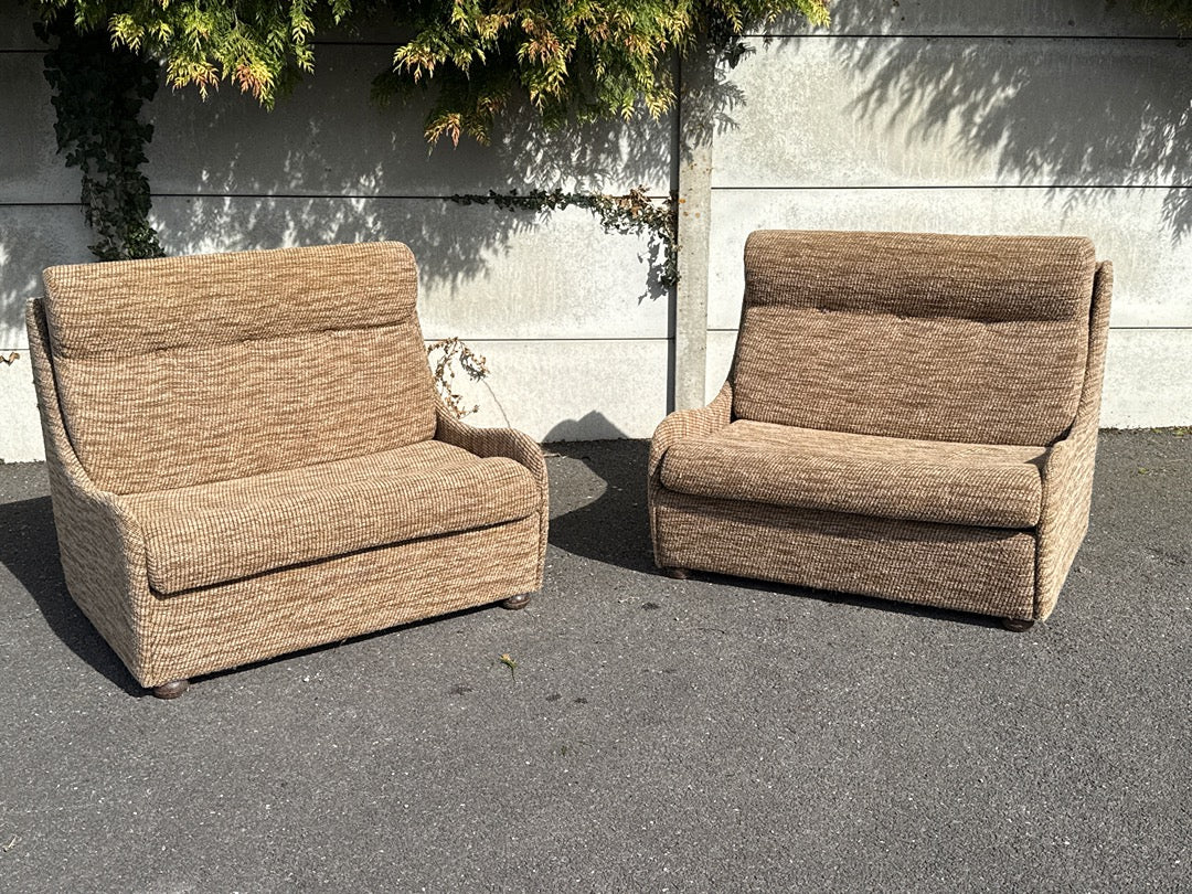 Fauteuils convertibles vintage – Tissu beige et marron