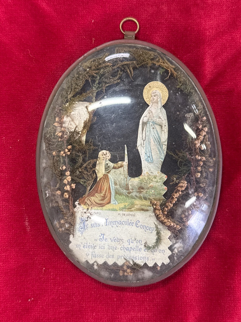 Cadre ovale sous verre bombé – Notre-dame de Lourdes – Suspension murale – Décoration religieuse anc