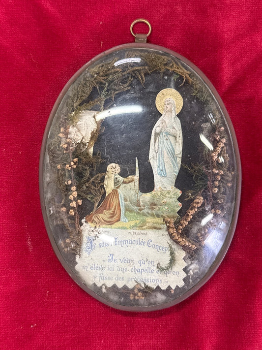 Cadre ovale sous verre bombé – Notre-dame de Lourdes – Suspension murale – Décoration religieuse anc