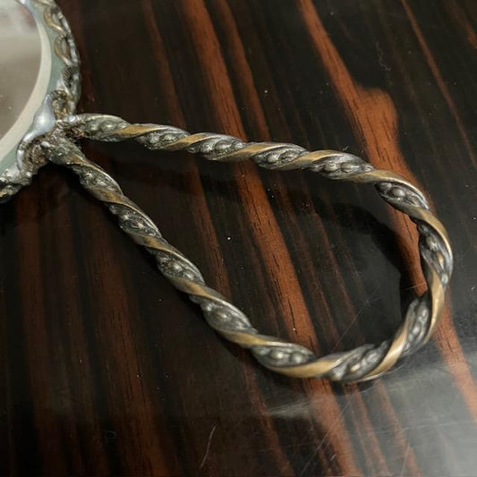 Miroir à main rond en métal, manche torsadé, 11,5 cm