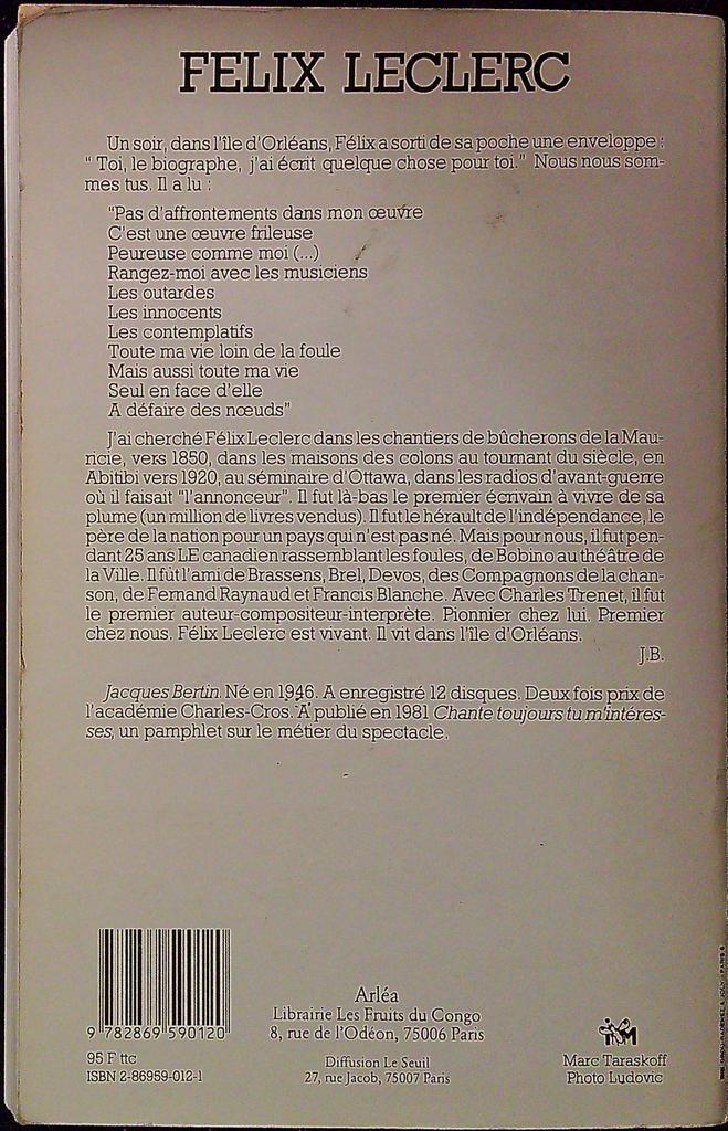 Livre – Arléa – Biographie – Félix Leclerc dédicacé