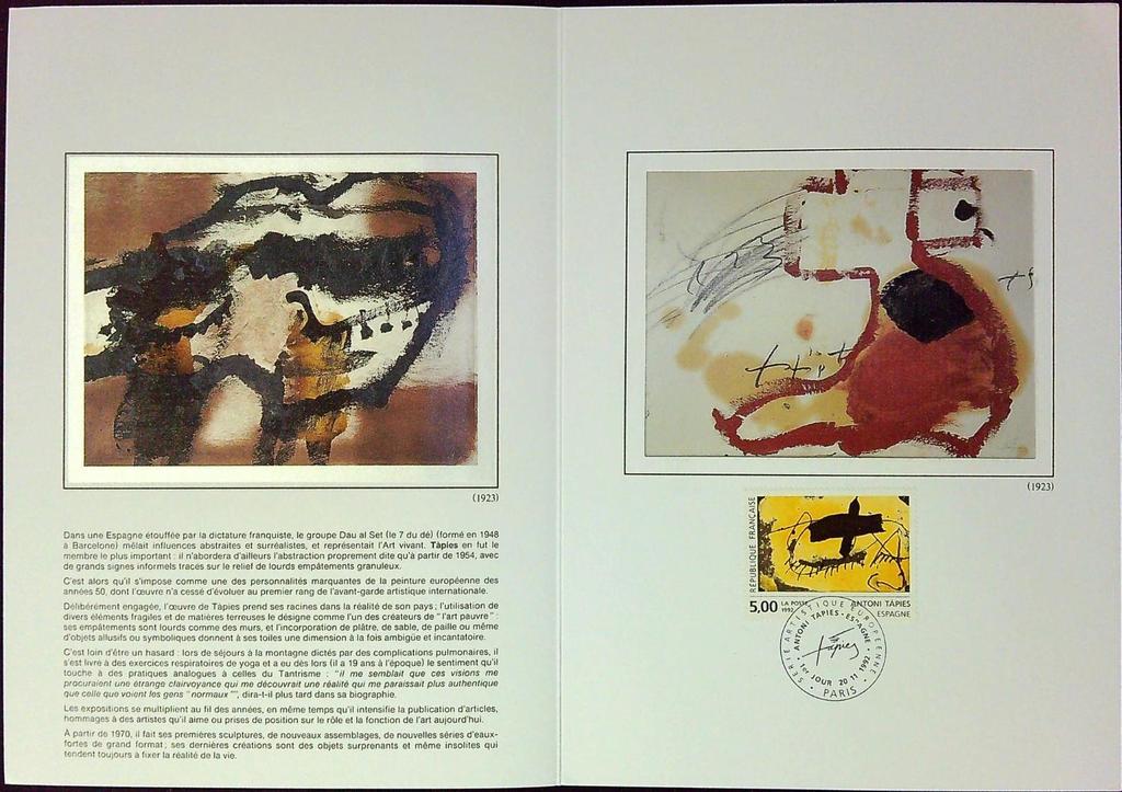 Antoni Tapies Art Contemporain Enveloppe Dépliant Timbre 1er jour Encart Fdc Yvert et Tellier