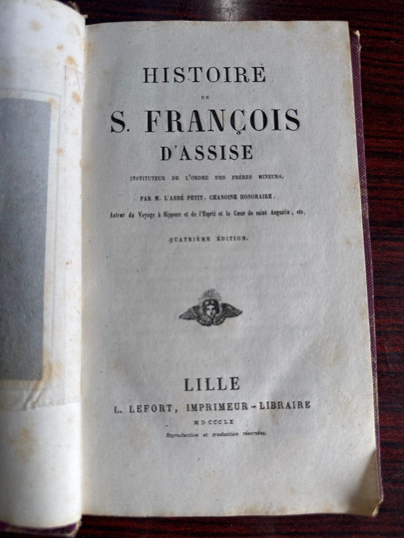 Livre ancien – Abbé Petit – Histoire de S. François d'assise – Cartonnage romantique rose 1851