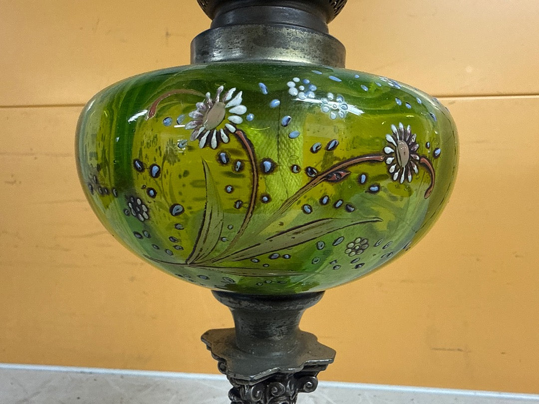 Lampe à pétrole vintage – Réservoir verre vert floral