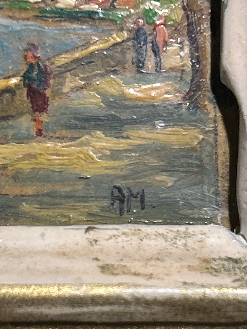 Peinture miniature paysage marin Am – Cadre doré vintage