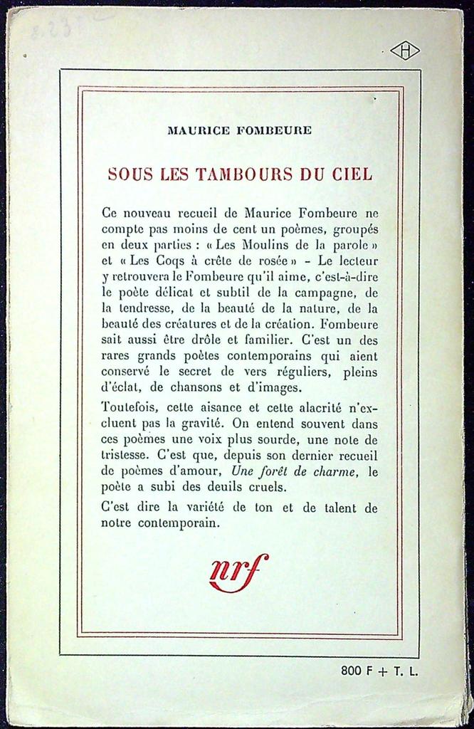 Livre - Maurice Fombeure - Littérature - Sous les tambours du ciel 1949