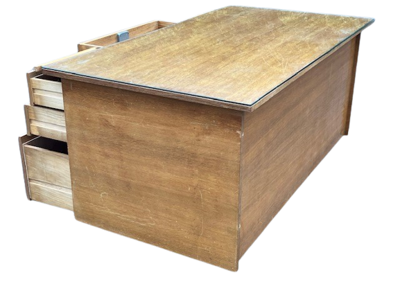 Bureau Style Scandinave Des Années 70 à 7 Tiroirs Et Plaque De Verre