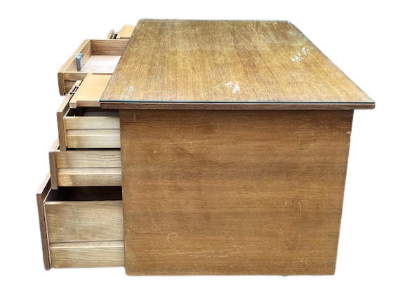 Bureau Style Scandinave Des Années 70 à 7 Tiroirs Et Plaque De Verre