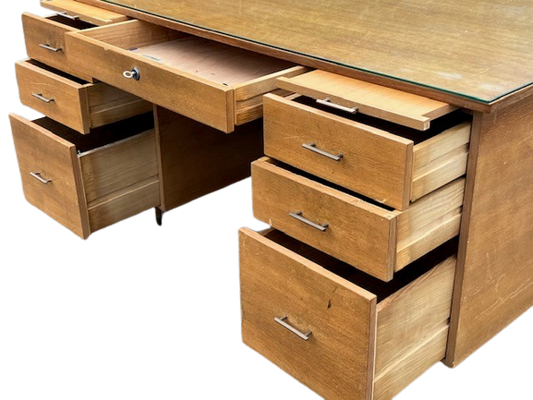 Bureau Style Scandinave Des Années 70 à 7 Tiroirs Et Plaque De Verre