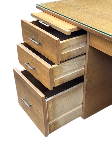Bureau Style Scandinave Des Années 70 à 7 Tiroirs Et Plaque De Verre