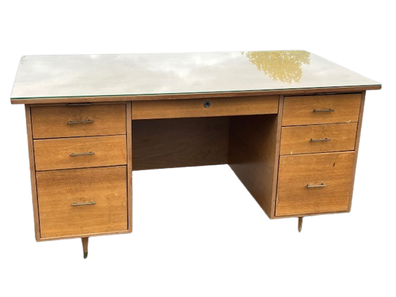 Bureau Style Scandinave Des Années 70 à 7 Tiroirs Et Plaque De Verre