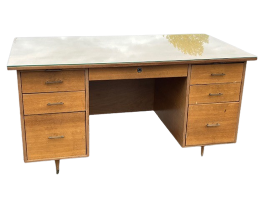 Bureau Style Scandinave Des Années 70 à 7 Tiroirs Et Plaque De Verre