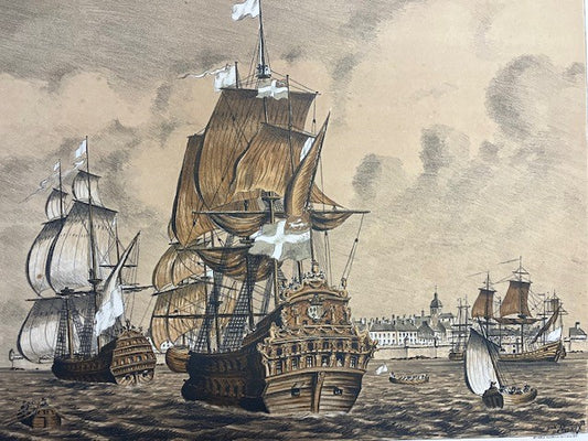 Tableau Gravure Estampe Signé Daniel Derveaux 1946 St Malo Au Siècle De Louis XIV