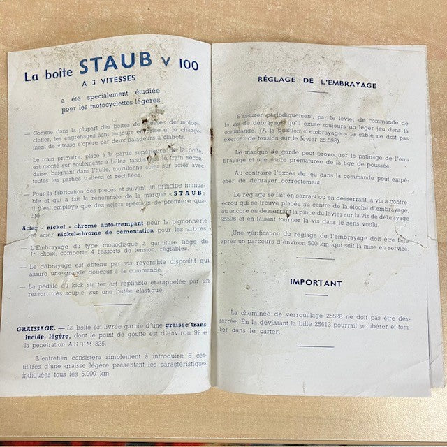 Document  Publicité Ancien Livret Staub Type V 100 La Boite A 3 Vitesses