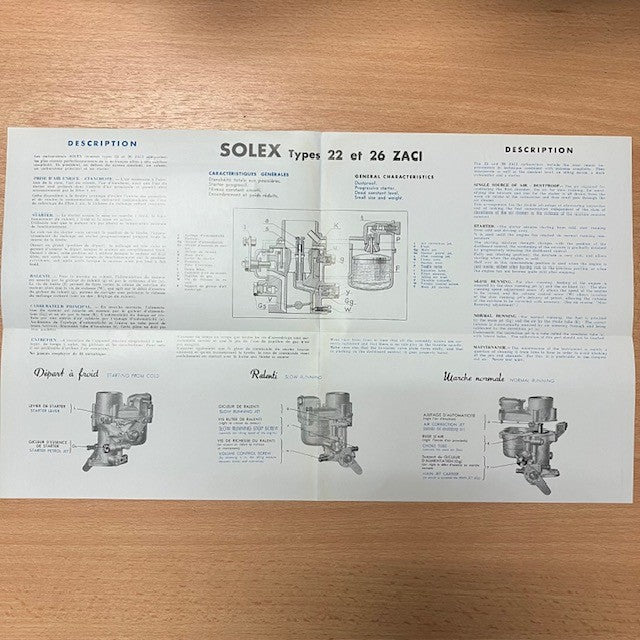 Dépliant , Document Technique Solex Types 22 Et 26 ZACI Notice N°65, Juillet 1949