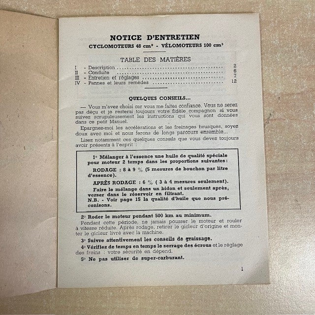 Document Publicité Ancien Livret Notice D'Entretien Cyclomoteurs 48 cm3