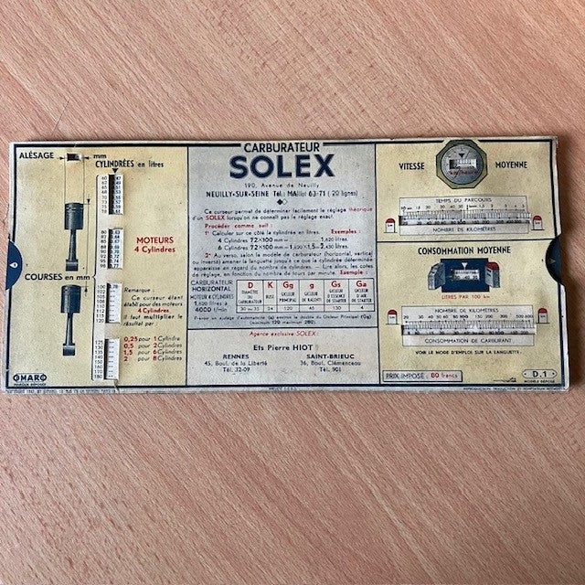 Document Ancien Calculateur Omaro Publicitaire, Réglage des Carburateurs Solex