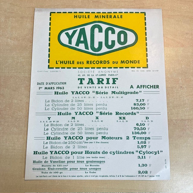 Document Ancien Publicité Affiche Huile Minérale Yacco L'huile Des Records Du Monde