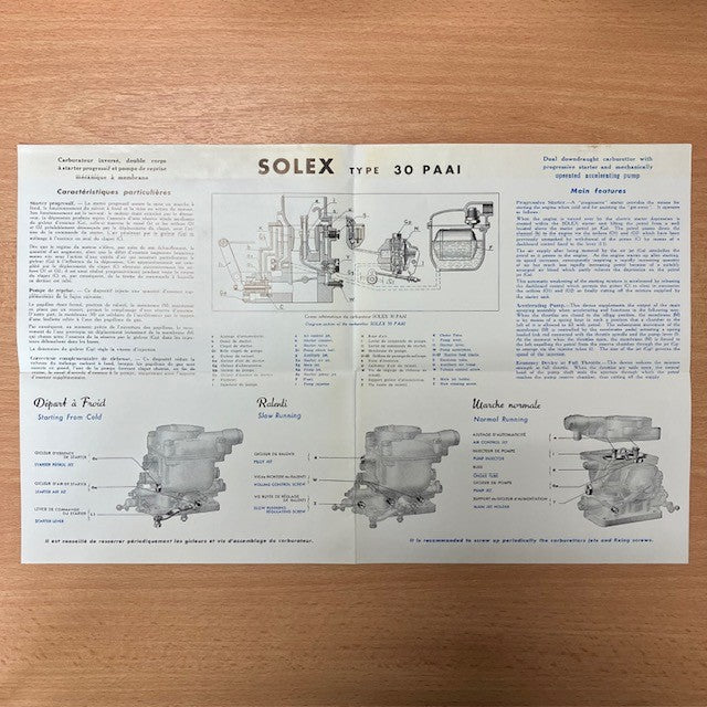 Dépliant , Document Technique Solex Type 30 PAAI Notice N°59