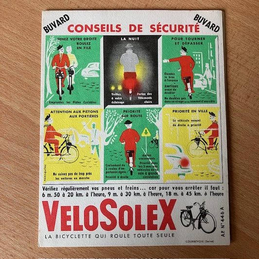 Document Ancien Papier Buvard, Conseils De Sécurité Velo Solex