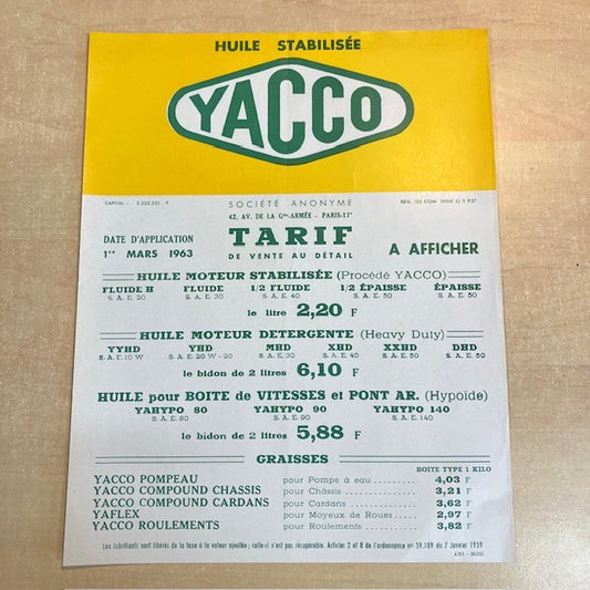 Document Ancien Publicité Affiche Yacco Huile Moteur Stabilisée