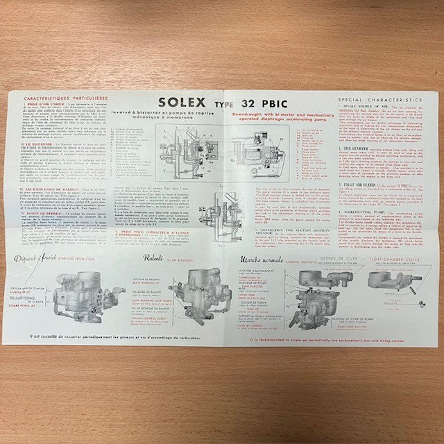 Dépliant , Document Technique Solex Type 32 PBIC