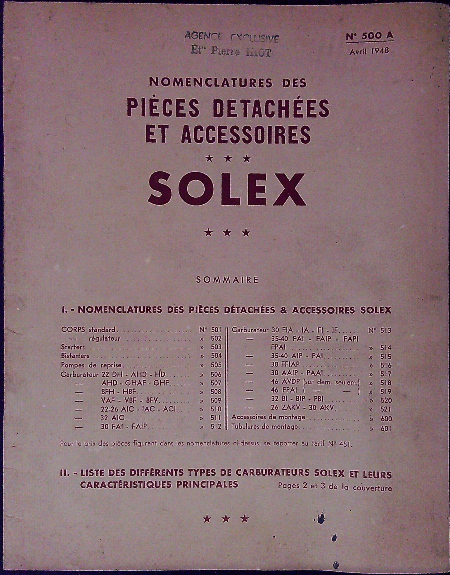 Document Publicité Ancienne Nomenclatures Des Pièces Detachées Et Accessoires Solex