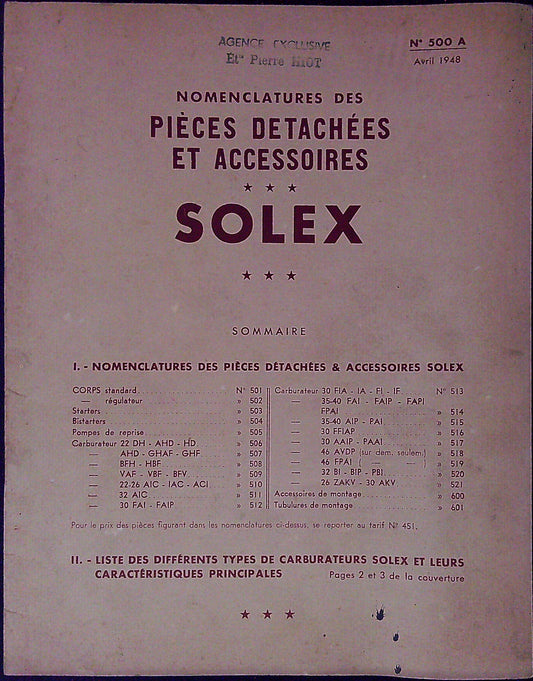 Document Publicité Ancienne Nomenclatures Des Pièces Detachées Et Accessoires Solex