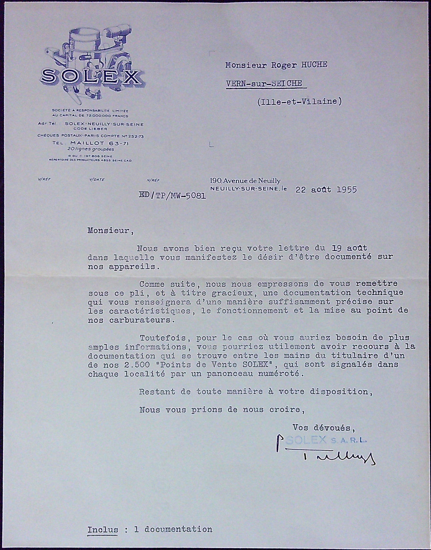 Document Ancienne Lettre Monsieur Roger Huche Solex 22 Août 1955