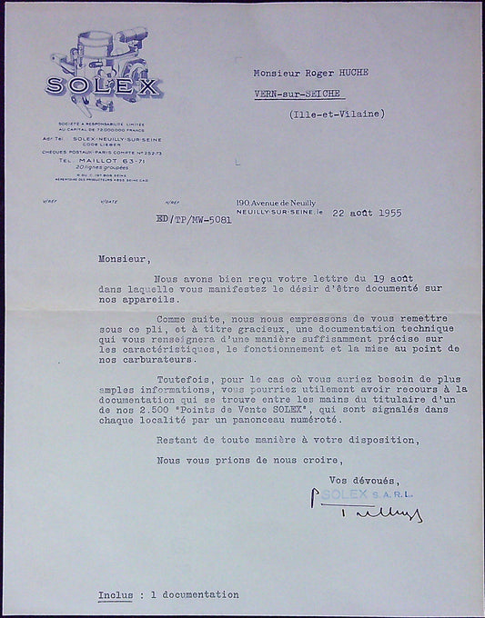 Document Ancienne Lettre Monsieur Roger Huche Solex 22 Août 1955