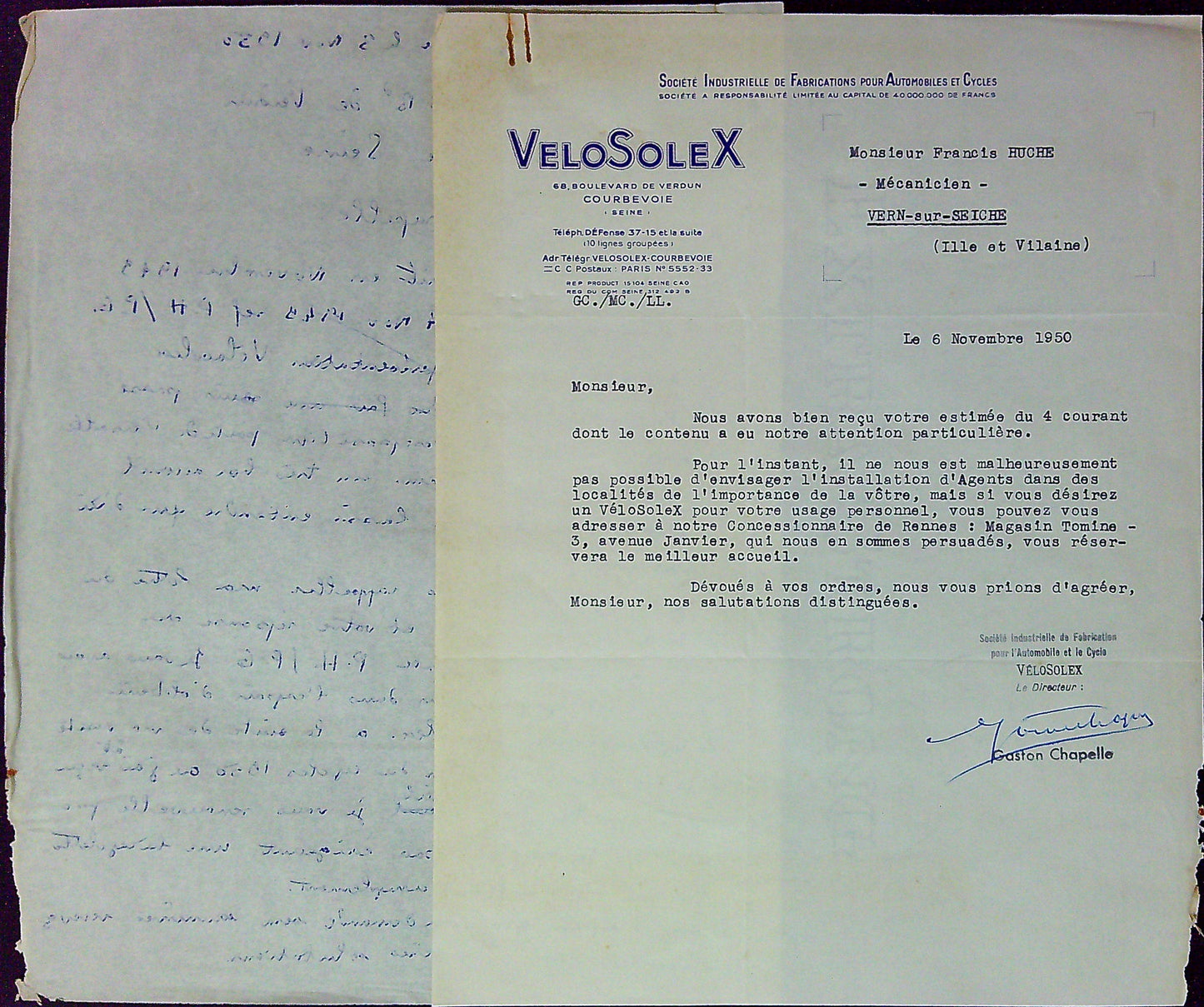 Document 2 Anciennes Lettres Monsieur Francis Huche VeloSolex Le 3 Et Le 6 Novembre 1950