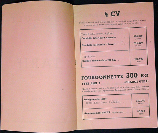 Document Ancienne Publicité Garage Renault Tarif 1950