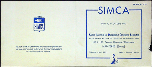 Document Ancienne Publicité Garage Simca 1950