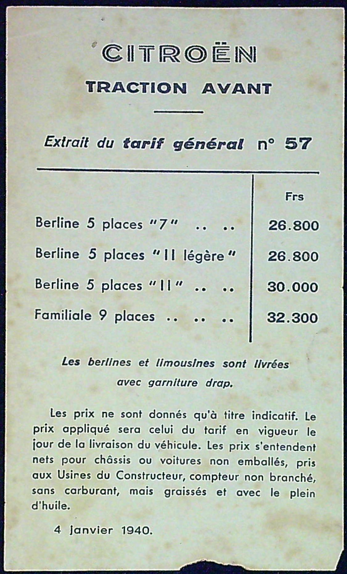 Document Ancienne Publicité Garage Citroën Traction Avant 1940