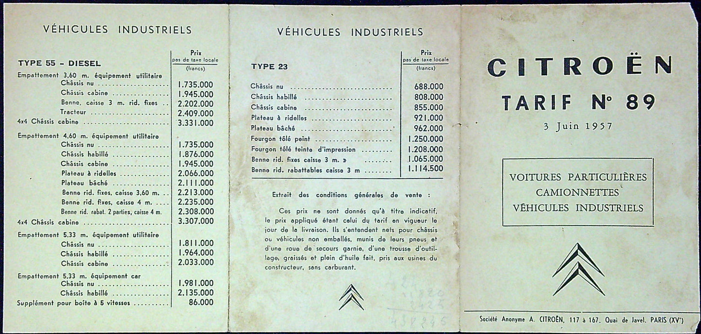 Document Ancienne Publicité Garage Citroën Tarif 1957