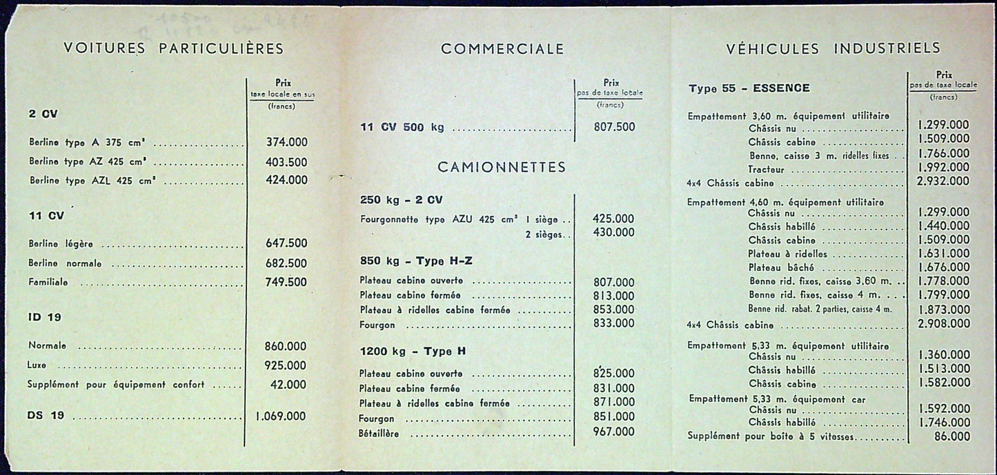 Document Ancienne Publicité Garage Citroën Tarif 1957