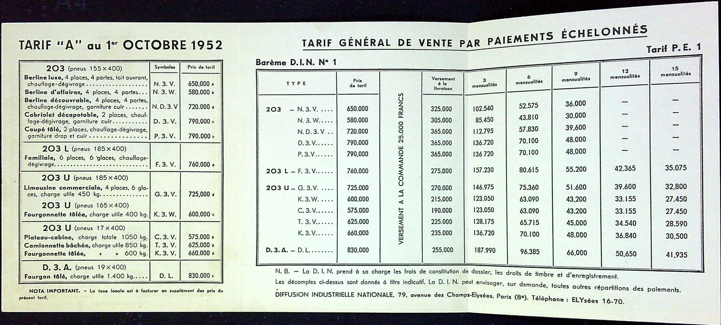 Document Ancienne Publicité Garage Peugeot Tarif 1952 203