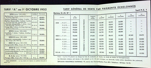 Document Ancienne Publicité Garage Peugeot Tarif 1952 203