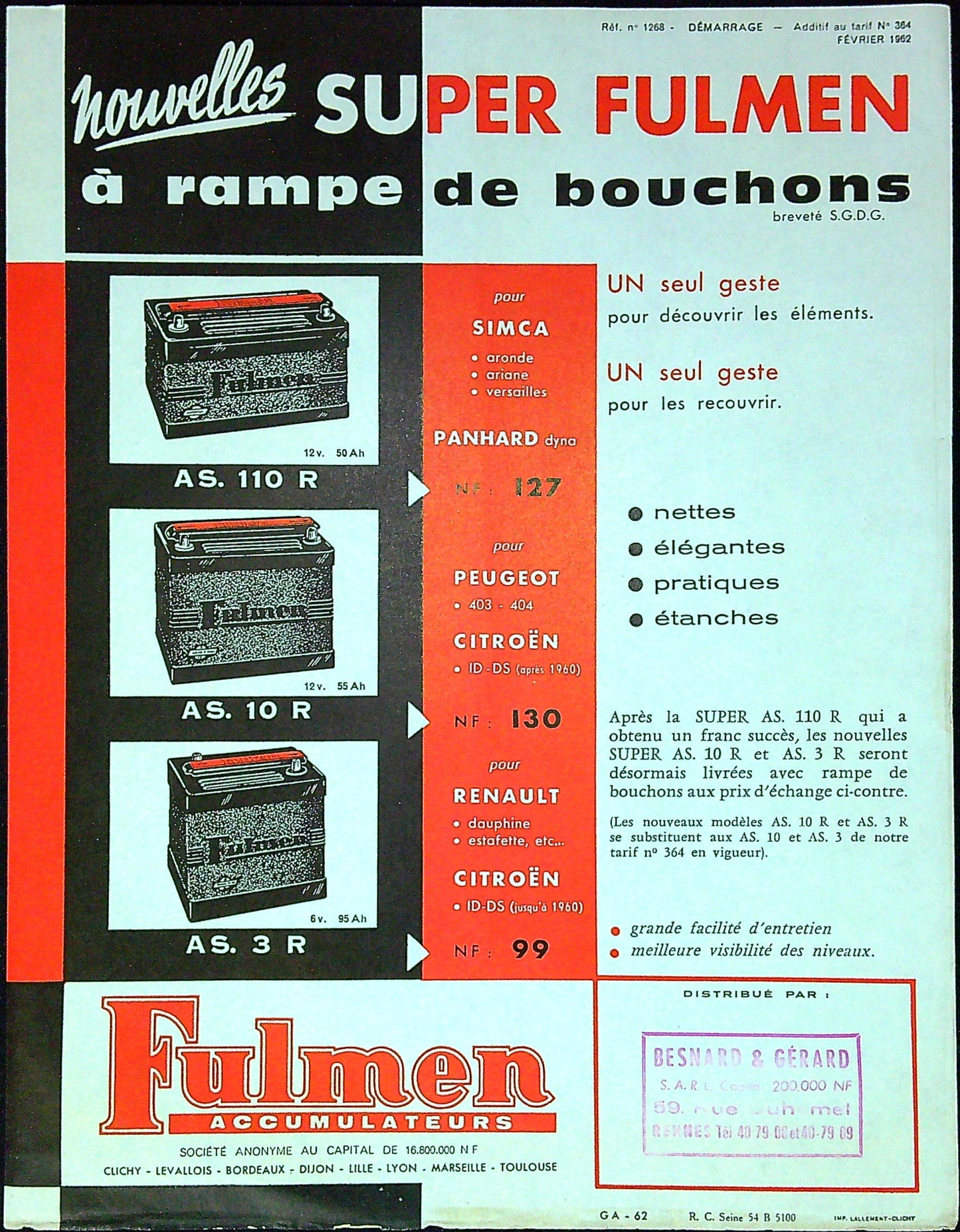 Document Ancienne Publicité Garage Fulmen 1962