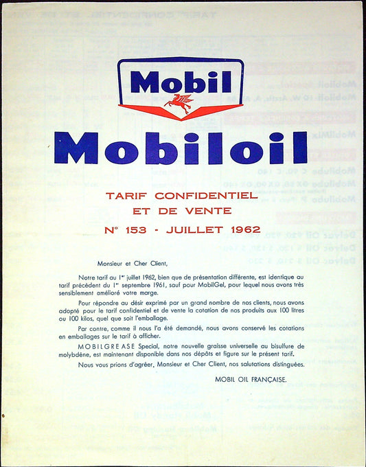 Document Ancienne Publicité Garage Huile Mobil Tarif 1962