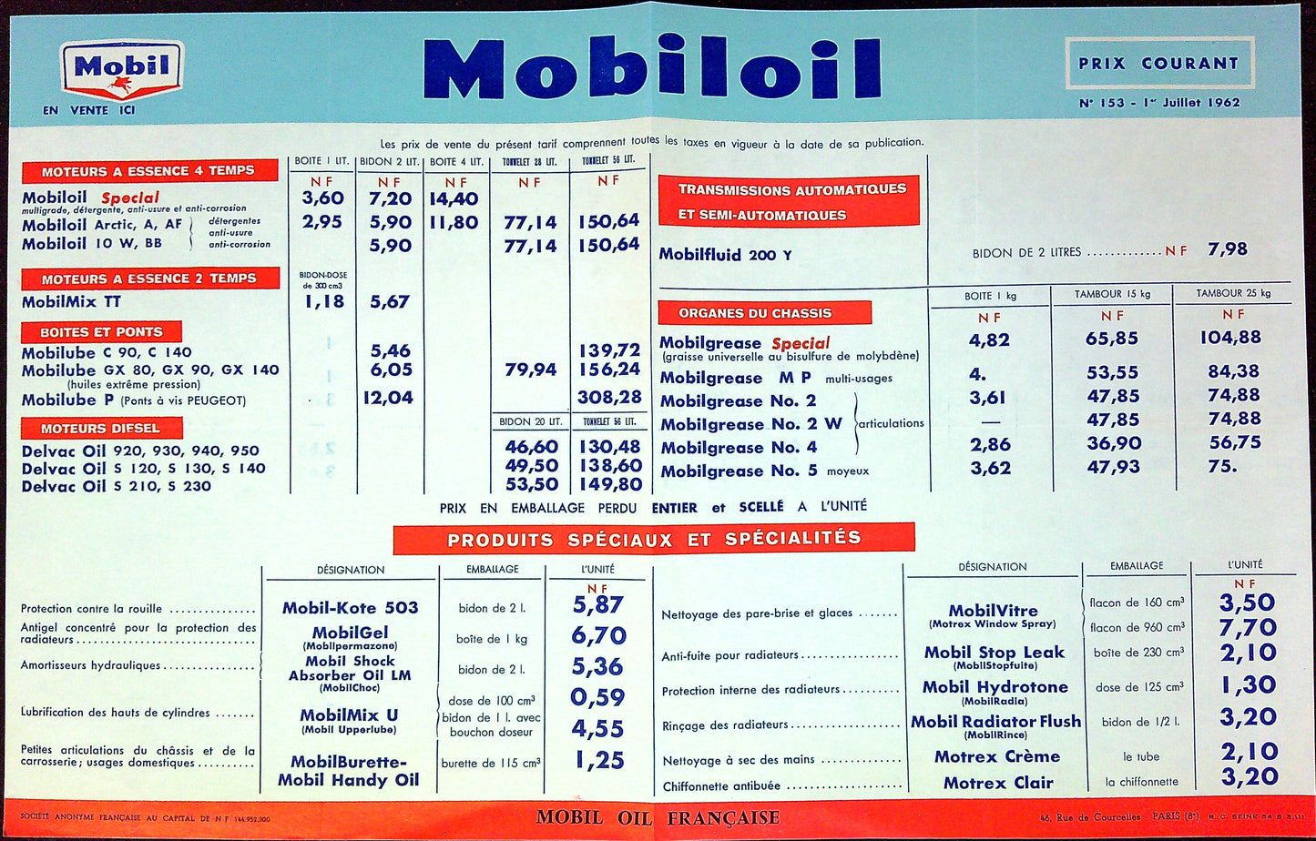 Document Ancienne Publicité Garage Huile Mobil Tarif 1962