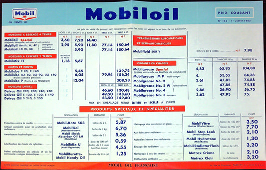 Document Ancienne Publicité Garage Huile Mobil Tarif 1962